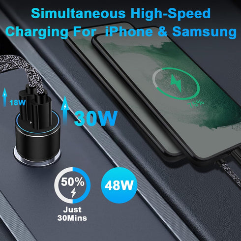 48W USB C Car Charger, All Metal 12V USB Outlet PD & QC 3.0 Fast Charge iPhone Car Charger Adapter Type C Flush Fit Car Plug for iPhone 15 14 13 12 11 Pro Max SE XR X,Samsung S24 S23 S22 S21 A14 A54