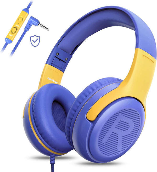 Kids Headphones Wired with Microphone for iPad, Computer, Laptop, Volume Limit, Foldable Over Ear Headset for School,