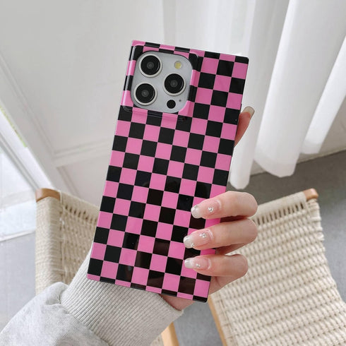 Pink Checkered Rectangle Phone Case for iPhone 15 Pro (6.1in) Slim Trendy Glossy Checkerboard Shockproof Cover