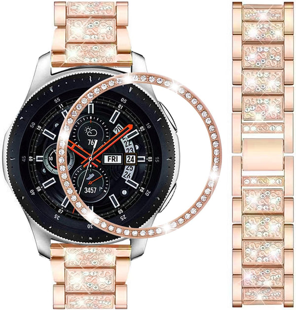 22mm Bling Rhinestone Diamond Metal Strap with Bezel Ring Cover Replacement for Samsung Galaxy Watch 46mm/Gear S3 (Rose
