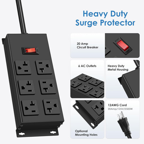 JUNNUJ Heavy Duty 20 Amp Power Strip with 6 Outlets, 12 Gauge Surge Protector, 3000J, 6 FT Extension Cord for Garage