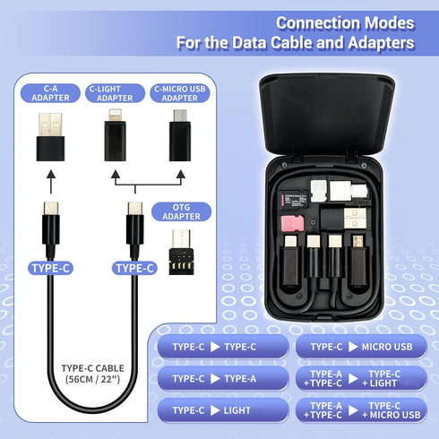 Compact Cable Card with 22" USB-C, USB-A/Micro-USB/Light/OTG Adapter Kit & Storage Box for Travel, Charging & Data