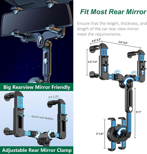 PKYAA Rearview Mirror Phone Holder for Car, 360° Rotating Mount with Adjustable Arm Length for All Smartphones