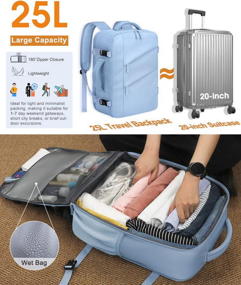Waterproof Travel Backpack for Women Men, Flight Approved Carry On Overnight Bag for 17'' Laptop, Light Blue