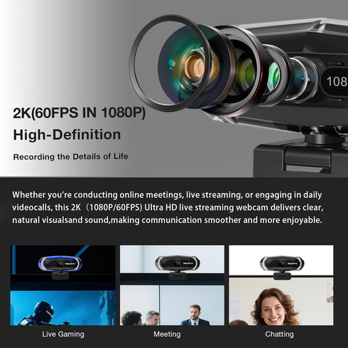 ceabulila 1080P 60FPS Streaming Webcam with Autofocus, Microphone, RGB Light and Tripod, USB Camera for PC/Mac, Plug