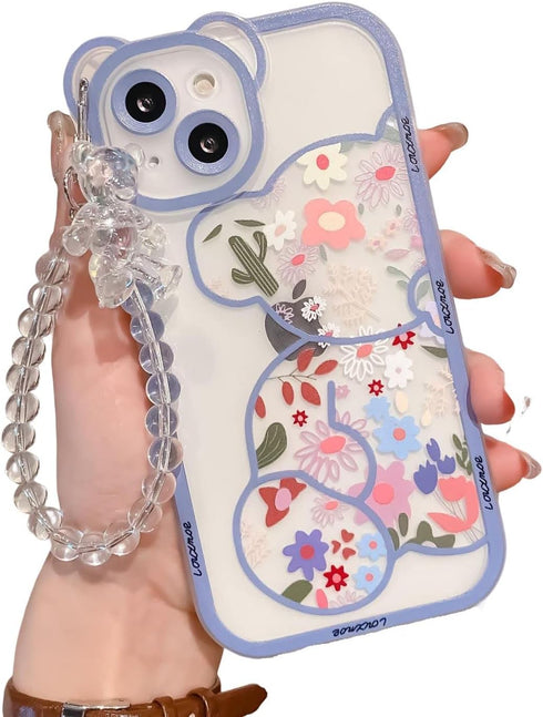 Case for iPhone 11 Pro Max with Cute Flowers Bear Pattern, Clear Case and Lovely Strap Bracelet Chain for Girls Women