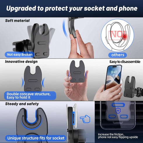 Socket Car Mount for Dashboard, Air Vent, Windshield, Car Phone Holder for Socket Grip with 2 Mounts, 3 in 1 Stable Air