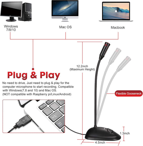 USB Computer Microphone, Plug&Play Cardioid Condenser Mic for PC Laptop, Mute Buttons, LED Indicator, 6ft, Windows/Mac