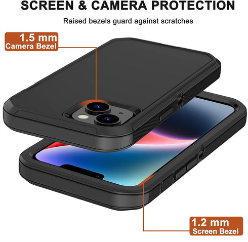 iPhone 14 Case (6.1”) - Rugged Black Heavy Duty Shockproof Cover with Belt Clip Holster & 2X Screen Protector.