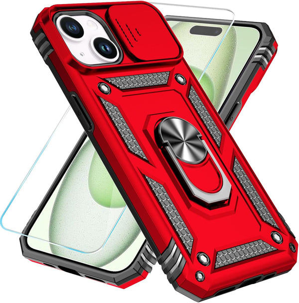 SunStory iPhone 15 Plus Case, Red with HD Screen Protector, Slide Camera Cover & Rotated Ring Kickstand, Military-Grade