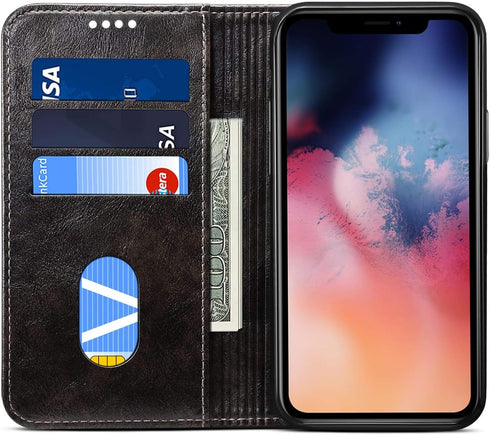 SINIANL iPhone 11 Pro Max Leather Case - Wallet Folio Case with Magnetic Closure and ID Holder, Dark Grey