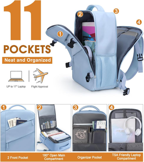 Waterproof Travel Backpack for Women Men, Flight Approved Carry On Overnight Bag for 17'' Laptop, Light Blue