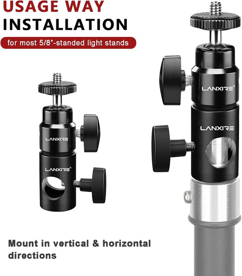 Light Stand Mount Adapter with Mini Ball Head 1/4" Screw - Fits C Stand, Boom Arm, Camera Monitor, Max Load 4.4lb