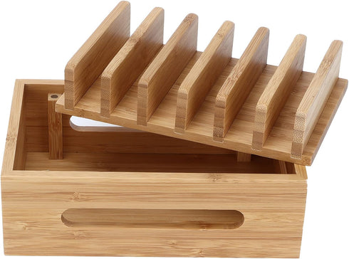 Bamboo Charging Station Rack for Multiple Devices, Universal Docking Station USB Multi-Charger Organizer Compatible