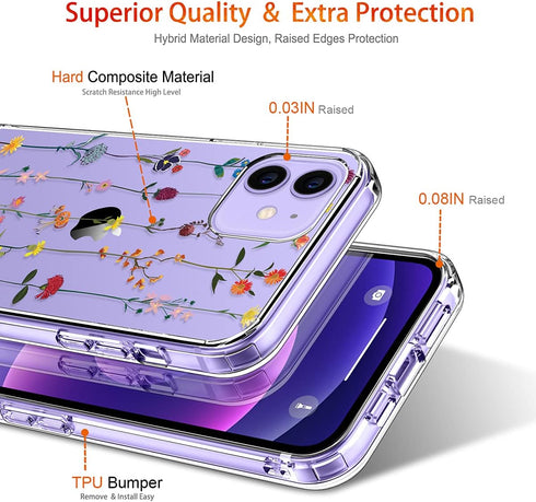 GiiKa iPhone 12 Case with Screen Protector, Clear Floral Shockproof Hard Case with TPU Bumper for iPhone 12