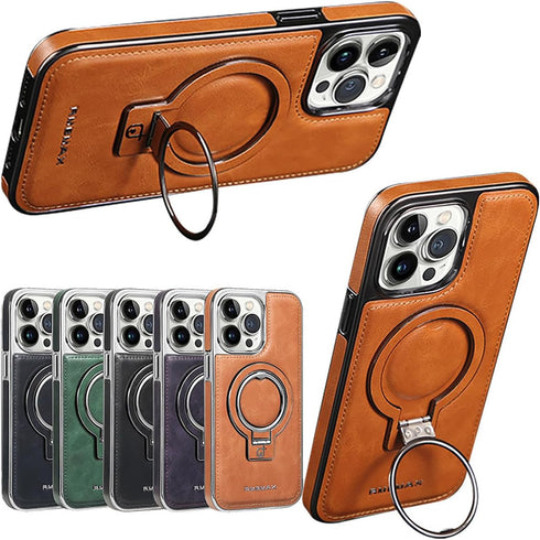 Luxury Leather Invisible Stand Case for iPhone 15/14/13/12 Pro Max, Magsafe, Drop Protection (Brown, for iPhone 13