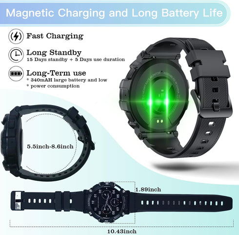 Goodatech Military SmartWatch 1.39" for Men Women, Phone Call, 5ATM IP68 Waterproof, Fitness Tracker, Black