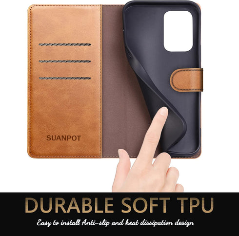 SUANPOT Leather Wallet Case for Samsung Galaxy A52 4G & 5G, RFID Credit Card Holder, Shockproof Cover, Light Brown
