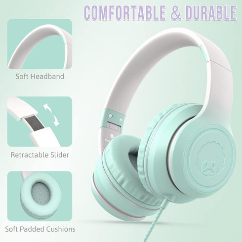 rockpapa L22 Wired Headphones for Kids Girls Boys Women with Microphone, Foldable Stereo 3.5mm Corded Headphones for School Classroom Chromebooks Computer Laptop Phone Airplane (Teal)