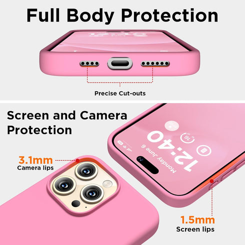 iPhone 15 Pro Max Case - Tender Pink Liquid Silicone, Slim Shockproof Cover, Soft Anti-Scratch Microfiber Lining, 6.7"