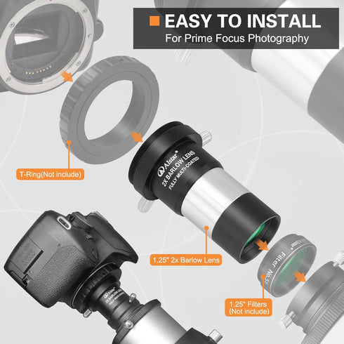 Alstar 1.25" 2X Barlow Lens, MultiCoated Metal with M42x0.75 Thread Camera Interface for Telescopes