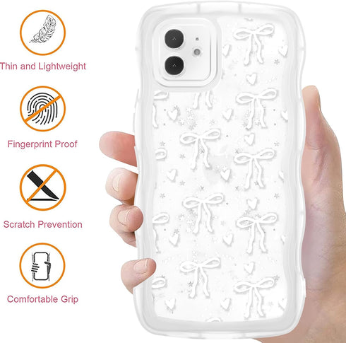 Zrutru 12 6.1",Kawaii 12,White Cute Bow Glitter Phone Case for iPhone Ribbons Bling Wave Cases Girly Heart Sparkling