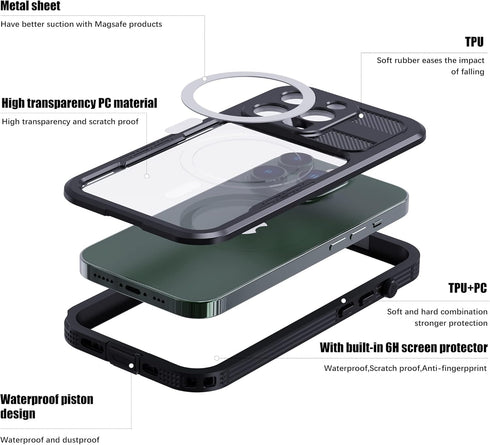 iPhone 14 Pro Max Waterproof Case with Screen Protector, Heavy Duty Protection Magnetic Case, Black