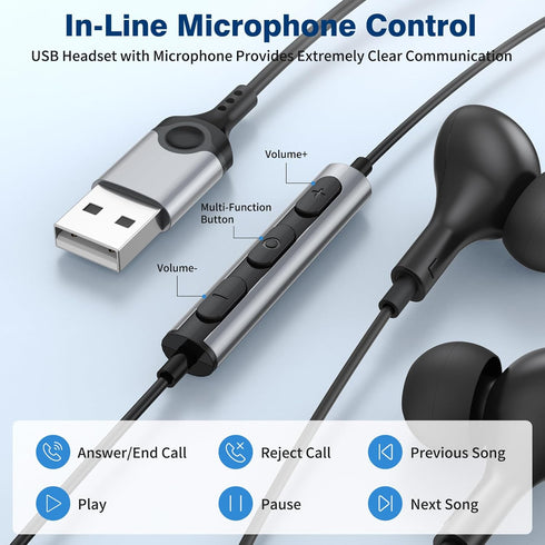 USB Headphones with Microphone for PC, USB A Earbuds for PS5, 2.3M Cord, Magnetic in-Ear Headset for Gaming