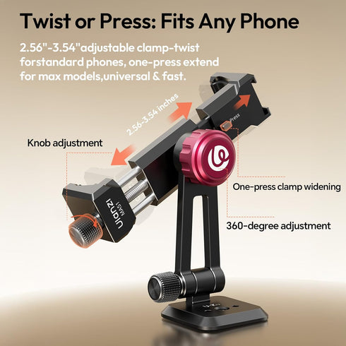 ULANZI MA51 17 16 15 14 Metal Phone Tripod Mount, Universal Phone Clamp with Arca QR Base, Cold Shoe, Aluminum Tripod