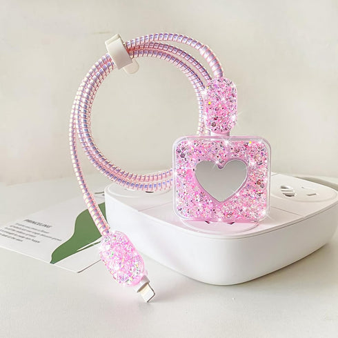 DIY Cable Protector for Apple iPhone Charger, Cute Glitter Bling Love Heart Design, USB Case Wire Cable Saver, Pink
