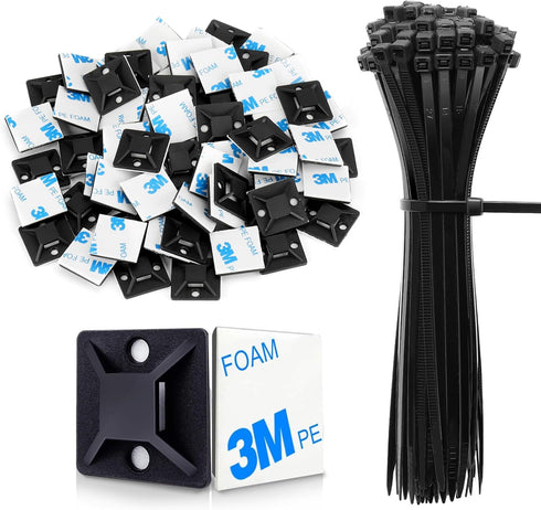 50 Sets Cable Zip Tie Mounts Kit with Self Adhesive, Black 6" Zip Ties, Sticky Cable Clips for Management