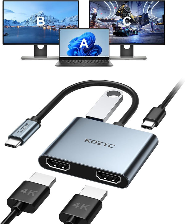 USB C to Dual HDMI Adapter 4K@30Hz, KOZYC USB C Hub Multiport Adapter with 2xHDMI, USB 3.0, 100W PD, Support USB C to