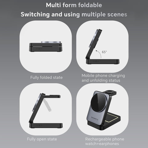 Foldable 3 in 1 Wireless Charger for iPhone, 15W MagSafe Charger Stand, Compatible with iPhone 16-12, Apple Watch,
