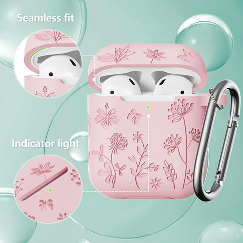 Flower Engraved Soft Silicone Case for Airpods 2nd Generation - Compatible with Airpods Case 1st/2nd (Pink) with