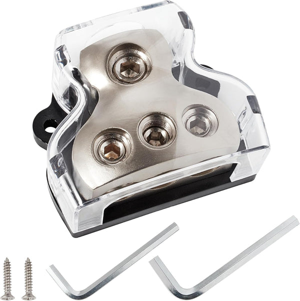 3 Way Power Distribution Block Zinc-Alloy, 0/2/4 Gauge in 4/8 Gauge Out, Auto Car Audio Distribution Connecting Block