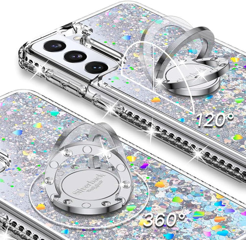 Silverback Moving Liquid Holographic Glitter Case for Samsung Galaxy S21, Kickstand, Bling Diamond Ring Slim Protective
