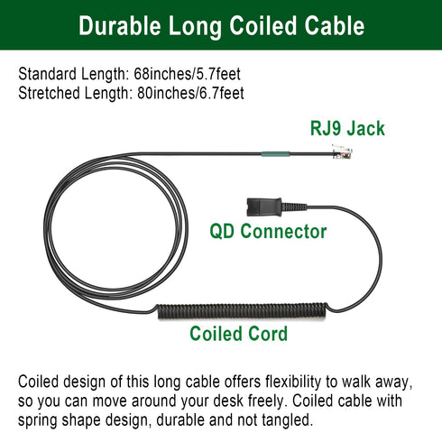 U10P Headset Adapter RJ9 to QD Cable for Plantronics Quick Disconnect Headset, Compatible with Polycom VVX Series Phones