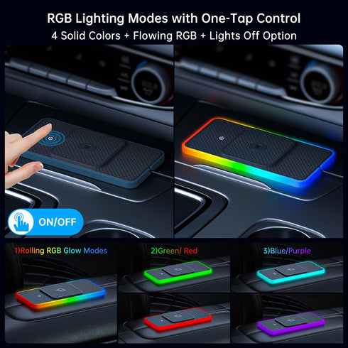REESTECQI 15W iPhone16/15/14/13/12, (30CM+ 70CM Wireless Car Charger Pad, RGB Wireless Charger for Car Type C Non Slip