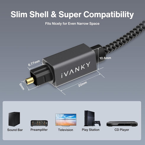 IVANKY 10ft/3M Optical Audio Cable, Long Digital Audio Fiber Optic Cord for Soundbar, TV, Home Cinema, Xbox/PS4