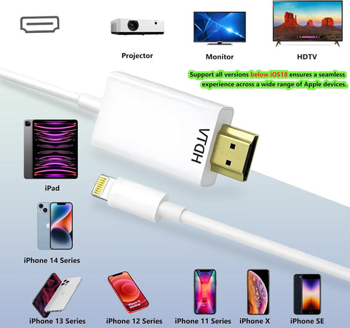 Lightning to HDMI Cable for iPhone Digital AV Adapter 1080P HD Video Sync Connector for TV Projector Monitor 13.2FT