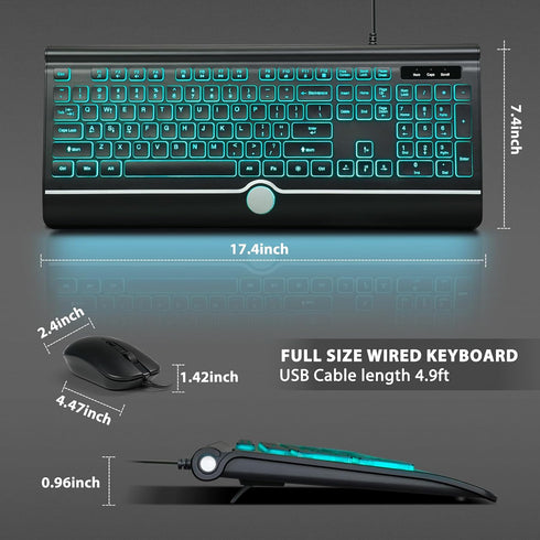 HeengYanson 7-Color Wired Keyboard and Mouse Combo, Backlit Computer Keyboards with Wrist Rest, Light Up Keyboard Easy