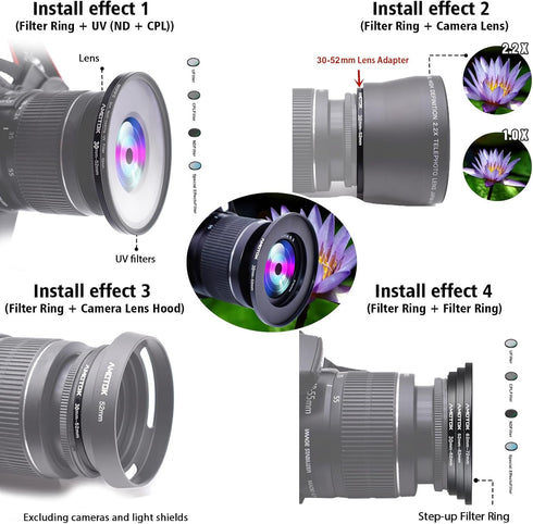 30mm to 52mm Camera Lens Adapter - 30mm to 52mm Filter Step Up Ring, Compatible with All 52mm Filter Accessories