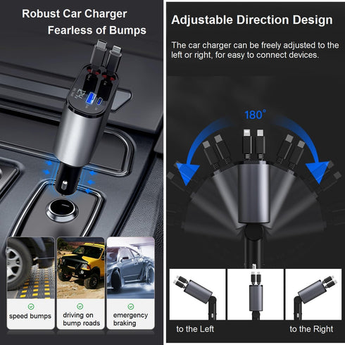 Retractable Car Charger Fast Charging, 66W 4-in-1 USB C Adapter, Compatible with iPhone 15/14/13/12 Pro Max, iPad,