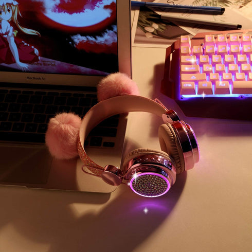 Wireless , LED Light up Color Changing Girls Bluetooth Headsets with MIC, 10 Hours 5.0 Bluetooth Headphones for School, Christmas (Pink)