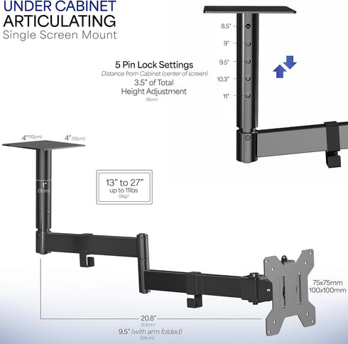 VIVO Under Cabinet Articulating Monitor and Small TV Mount, 13 to 27 inch, Height Adjustable Long Extension Arm, Max