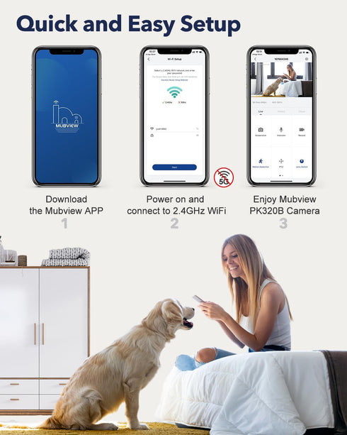 MUBVIEW Indoor Security Camera, 2.4G WiFi Wired Home Security, Motion Tracking, Two-Way Audio, 2K Night Vision PK320B-D