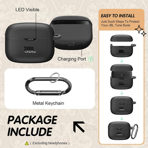 Black Silicone Case Compatible with Tune Buds, Shock Proof Waterproof Protective Cover with Metal Carabiner [Front LED