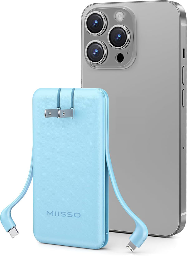 miisso Ultra Slim 10000mAh Power Bank with Built-in Cables, Pocket Size USB C Portable Charger