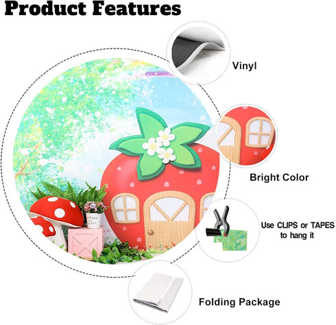 Yeele 7x5ft Strawberry Birthday Backdrop, Cartoon Green Tree Rainbow Mushroom House for Baby Shower Party