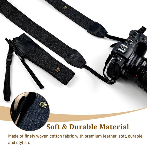 Brvlsoc Black Canvas Camera Neck & Shoulder Strap with Quick Release Buckles Adjustable Cotton Webbing for DSLR and SLR